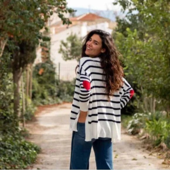MERSEA The Amour Pullover Sweater One Size Heart Patch Stripe Dark Navy Red - Picture 1 of 8